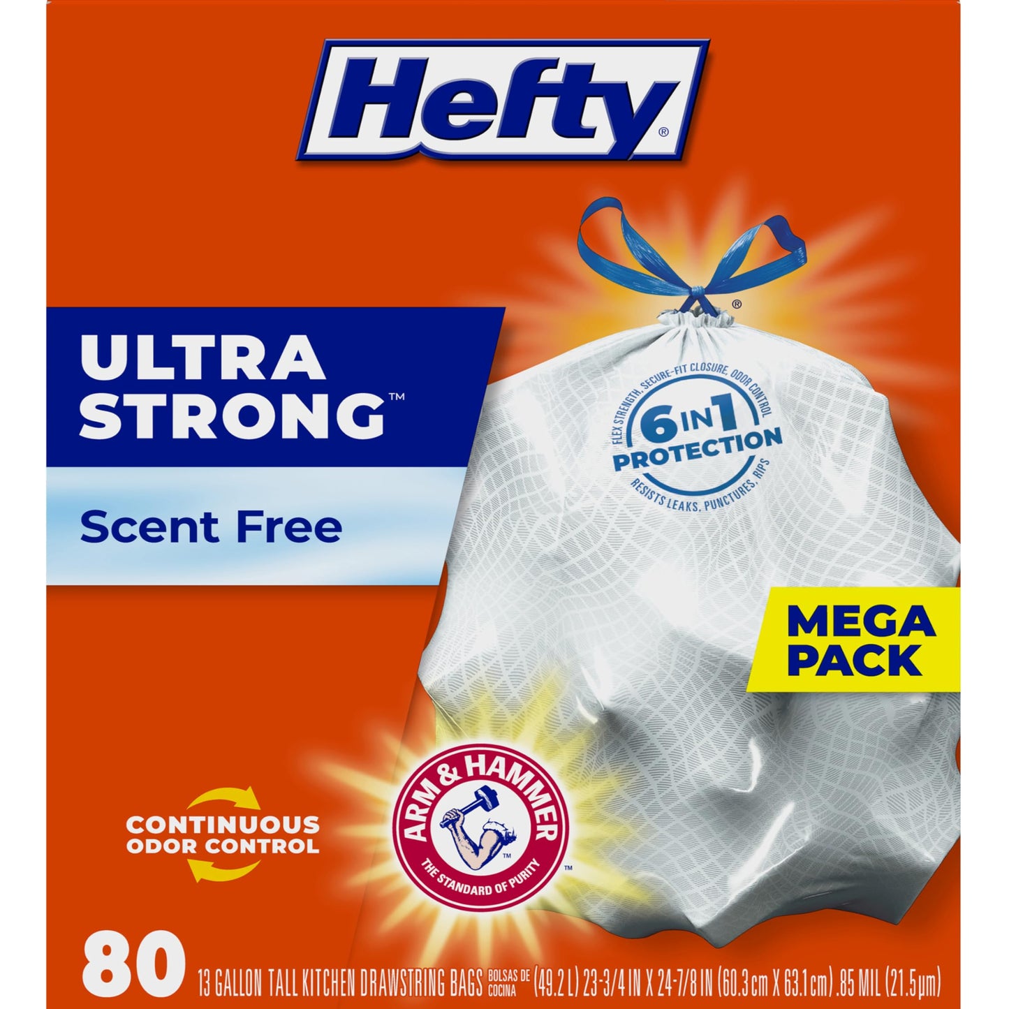 Hefty Ultra Strong Tall Kitchen Trash Bags, Unscented, 13 Gallon, 80 Count