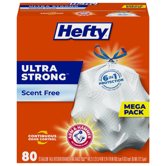 Hefty Ultra Strong Tall Kitchen Trash Bags, Unscented, 13 Gallon, 80 Count